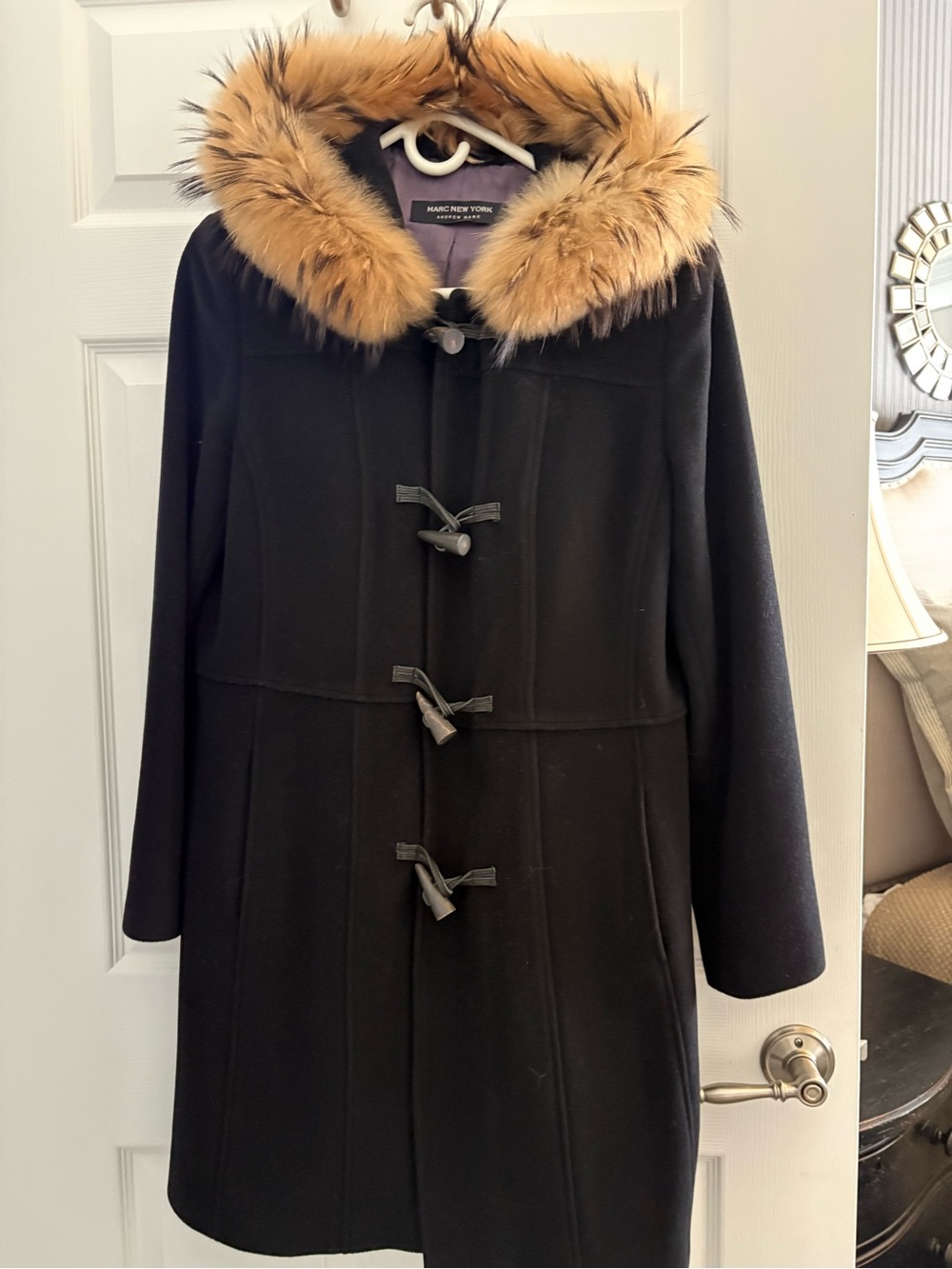 Marc New York Black Wool Toggle Coat with Faux Fur Hood Trim